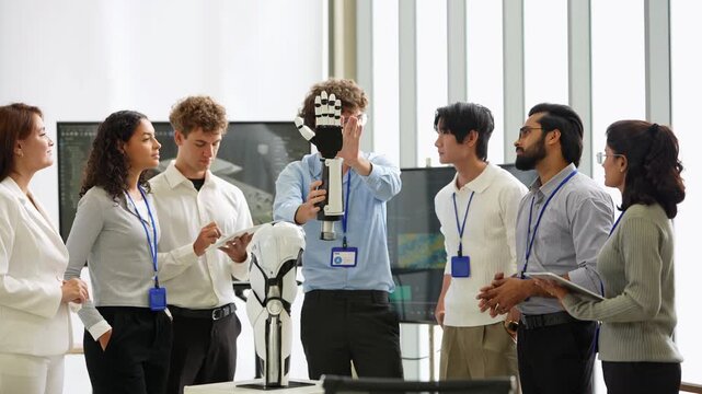 Engineer in blue shirt holds up a bionic robotic hand while colleagues with lanyards and tablets ask questions around a humanoid robot, as the next step is planned, a physical AI concept