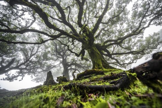 Laurel trees overgrown with moss and plants in the mist, Old laurel forest, stinkwood (Ocotea foetens), Laurisilva, UNESCO World Heritage Site, Fanal, Madeira, Portugal