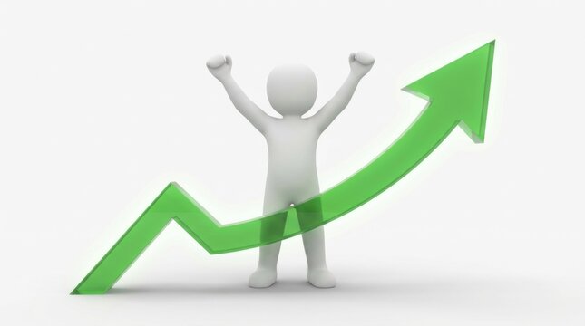 A 3d white human figure standing with arms raised in celebration behind a large green rising financial growth arrow