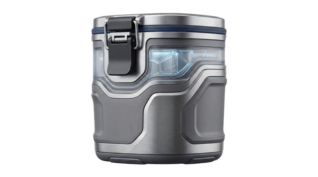 Futuristic stainless steel storage canister, metallic airtight coffee container, modern tactical vacuum sealed food jar with latch, isolated white background