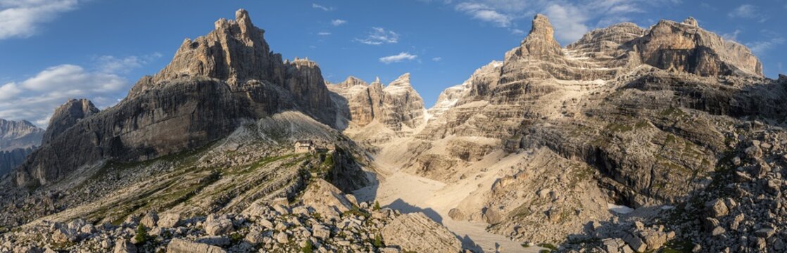 Evening at Refugio Francis Fox Tuckett, alpine panorama, aerial view, impressive mountain peaks of the Brenta Mountains, Brenta, Brenta-Adamello Natural Park, Trentino, Italy