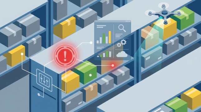 warehouse inventory exception detection Warehouse with drone scanning packages and digital analytics overlay