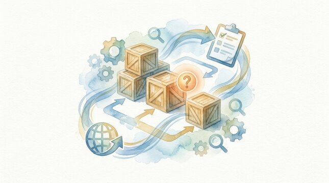 warehouse inventory exception detection Supply chain process flow with boxes, arrows, gears, and checklist elements.