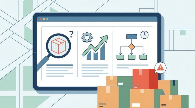 warehouse inventory exception detection Supply chain analysis shown on a computer screen with stacked shipping boxes.