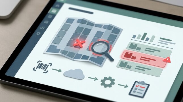 warehouse inventory exception detection Tablet displaying data analysis with charts, cloud computing, and workflow icons