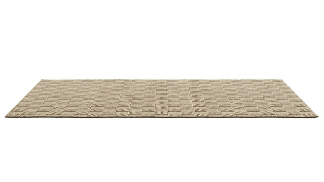 Beige wool rug with a handwoven checkerboard texture and geometric grid pattern, shown as a 3D render and visualization for modern neutral interiors.