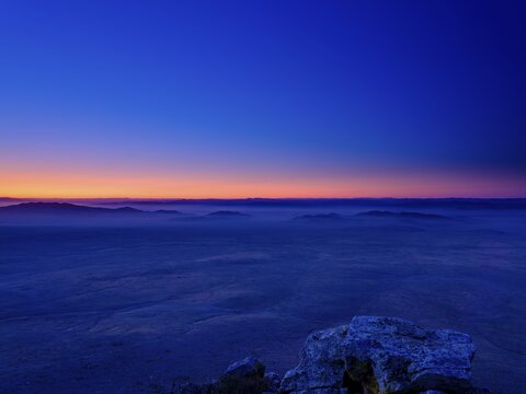 View from a summit to Mongolian steppe at blue hour, T&ouml;w Aimag, T&ouml;w Province, Mongolia