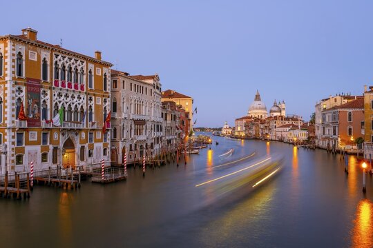 Evening atmosphere, long time exposure, view from the Ponte dell'Accademia to the Grand Canal and the Basilica Santa Maria della Salute, Venice, Veneto, Italy
