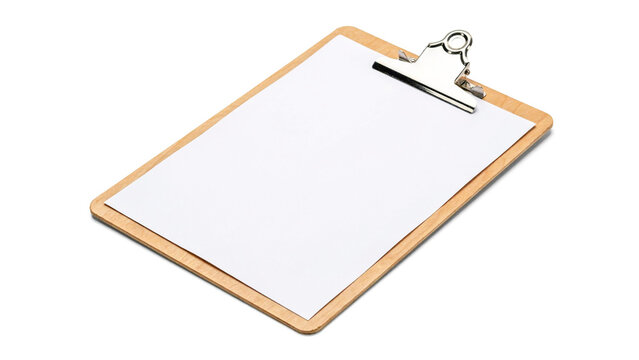 Blank white paper sheet on a wooden clipboard with metal clip isolated on white background