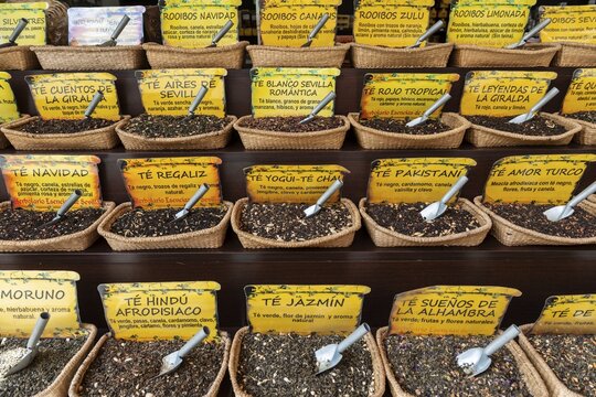 Sales stall with different kinds of tea, Seville, Andalusia, Spain