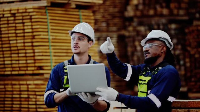 Latino engineer holds a laptop as a Black supervisor points at the screen, talking in front of a dark wall of stacked sawn timber, inside a plywood and timber factory