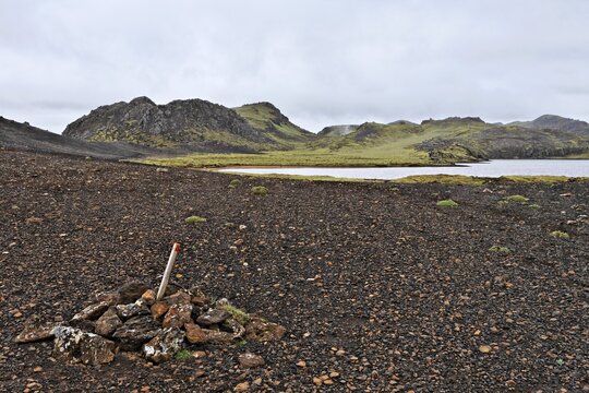 Trail marker near Lake Arnavatn, Kr&yacute;suv&iacute;k geothermal area, Iceland, Atlantic Ocean