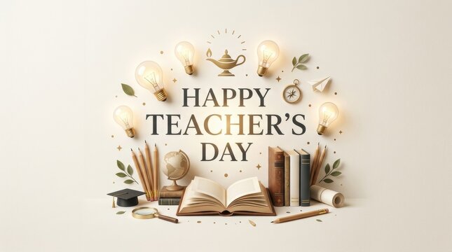 A festive flat lay composition celebrating teachers day with an open book pencils graduation cap and beautiful floral decorations