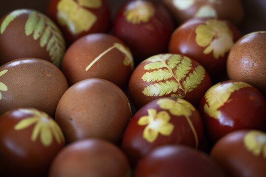 Easter eggs traditionally colored with onion peels, tights and small plants and flowers