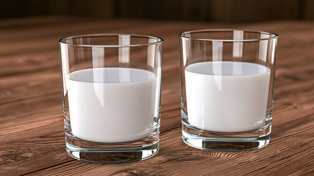 Two glasses of fresh milk on a textured rustic wooden table surface with glass milk