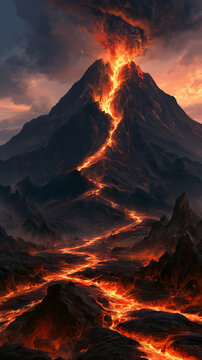 Erupting Volcano with Flowing Lava Rivers - Dramatic Fiery Mountain Landscape Under Dark Smoke Clouds - Intense Natural Disaster Scene for Environment, Geology, and Fantasy Concepts
