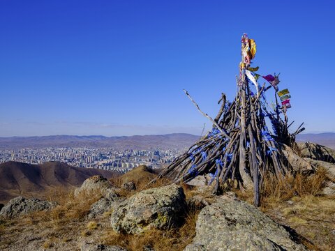 Khatas, prayer flags mark a summit and holy place, behind Ulan Bator, Mongolia