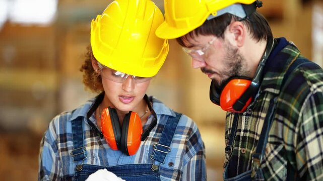 Bearded colleague raises a gloved hand and asks a question as the female worker in a yellow hard hat keeps writing on the tablet, inside a plywood and timber factory