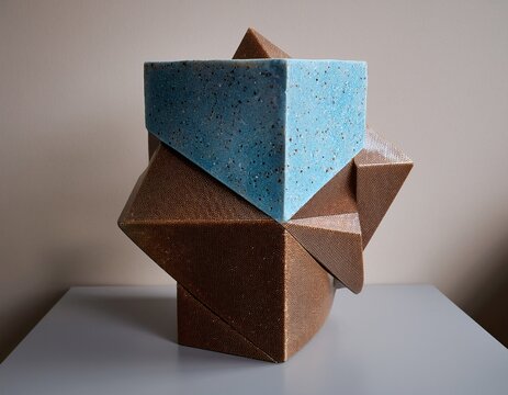 abstract geometric ceramic sculpture with speckled blue and brown glaze on neutral surface