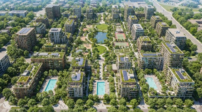 Aerial view of sustainable eco friendly modern smart city with green roofs, solar panels, residential apartments, and lush parklands