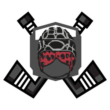 Vector illustration of a sports emblem with a black and red helmet, gray shield, and crossed hockey sticks. Perfect for an athletic team logo, badge, or tournament crest