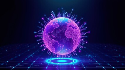 Fototapeta premium Glowing Earth representation. Digital network connects continents. Futuristic design, vibrant colors, dark background creates depth. Technology concept.