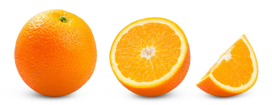 Isolated citrus orange fruits set on white background. Ripe juicy orange fruit, half of orange fruit and cut in a slice of orange collection isolate. Not AI.