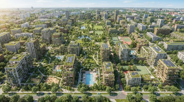 Aerial view of sustainable eco friendly modern smart city with green roofs, solar panels, residential apartments, and lush parklands