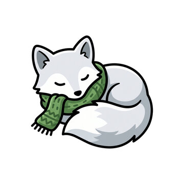 Cute sleeping arctic fox curled up with cozy green winter scarf vector illustration isolated on transparent background