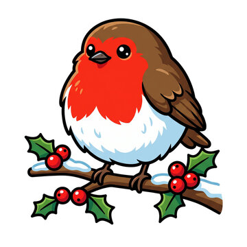 Chubby European robin bird perched on snowy holly branch with red berries vector illustration isolated on transparent background