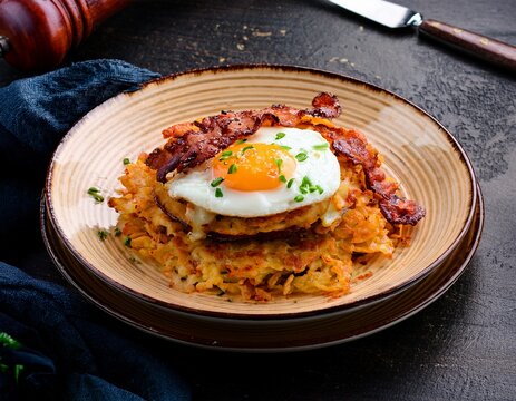crispy hash browns with egg and bacon