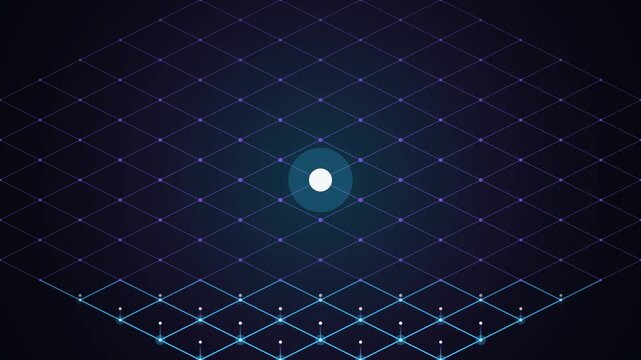 Futuristic abstract motion background of a large 3D isometric energy matrix grid with traveling data pulses, illuminated node intersections, and glowing cyan-purple cyber connections. Ideal for cloud