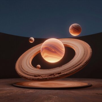 digital illustration planet three planets background planet center large circular ring around ring multiple layers sandstone outermost layer being light brown color innermost layer darker brown color
