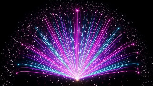 Vibrant blue and pink light rays erupting from a central point against a deep black background