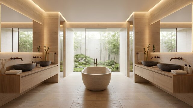Japandi style luxury modern master bathroom interior with symmetrical double vanities, freestanding bathtub, and large glass window view of zen garden