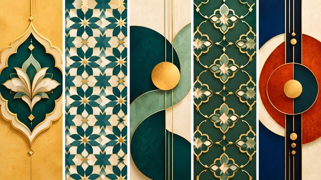 Traditional arabic ornamental panel design with intricate patterns and golden metallic details