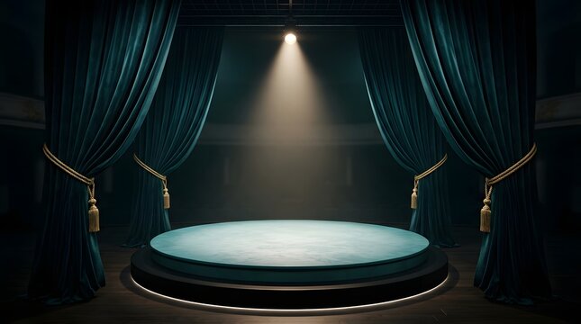 Empty stage with dark blue curtains and spotlight for performance or presentation