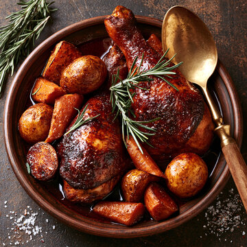 Roasted chicken drumsticks with potatoes in a rustic bowl served with rosemary