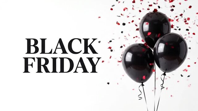Black balloons and red confetti falling beside promotional text on white