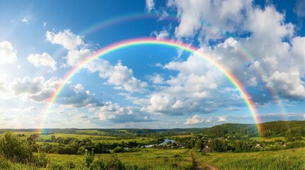 Obraz premium Vibrant rainbow arches over lush green fields. Blue sky filled with soft, fluffy clouds. Distant hills roll beneath the colorful arc. Sunlight glows warmly through the atmospheric scene