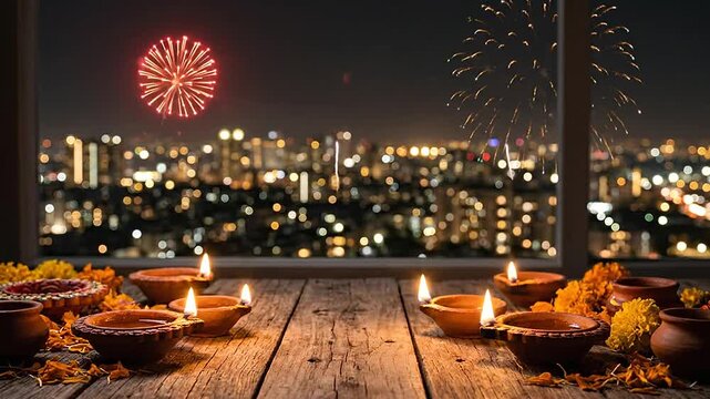 Burning clay lamps on wooden table with city fireworks night view