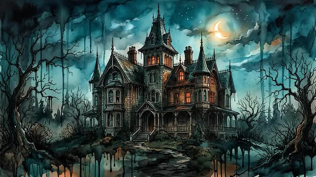 Dark Victorian style mansion at night with glowing windows and crescent moon