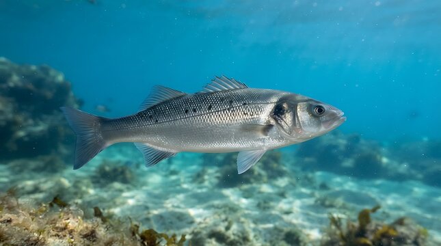 A detailed underwater shot of a silver-scaled sea bass swimming gracefully above a rocky seabed in clear blue ocean water.