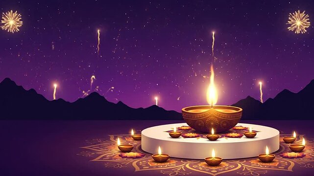 Glowing clay diyas with rangoli and fireworks for festive celebration