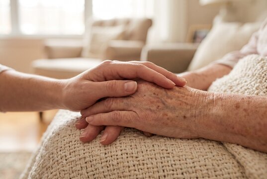 Primer plano de una mano joven sosteniendo con cari&ntilde;o la mano arrugada de una persona mayor, simbolizando cuidado, apoyo familiar, compasi&oacute;n y amor.