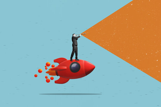 businessman with binoculars launches on a rocket. Business analytics and strategic. Find a right way.