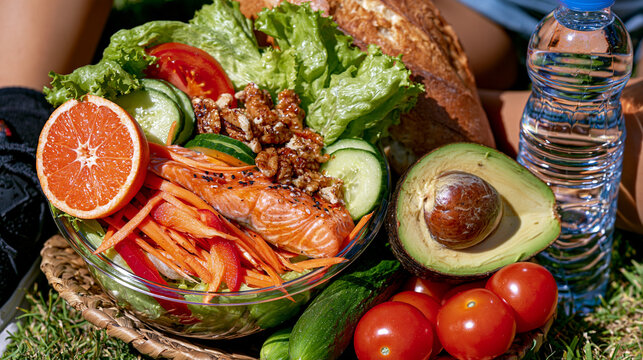 Fresh salmon salad bowl with grapefruit avocado and cucumber for a healthy outdoor picnic