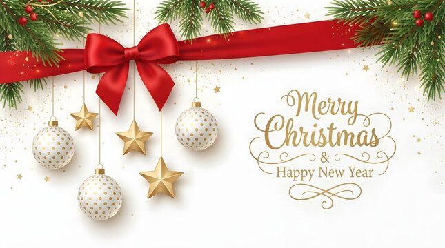 Festive christmas decoration with red ribbon ornaments and calligraphy on a white background