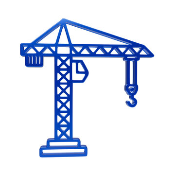 3d blue construction tower crane with operator cabin and lifting hook on solid black background, 3d blue crane