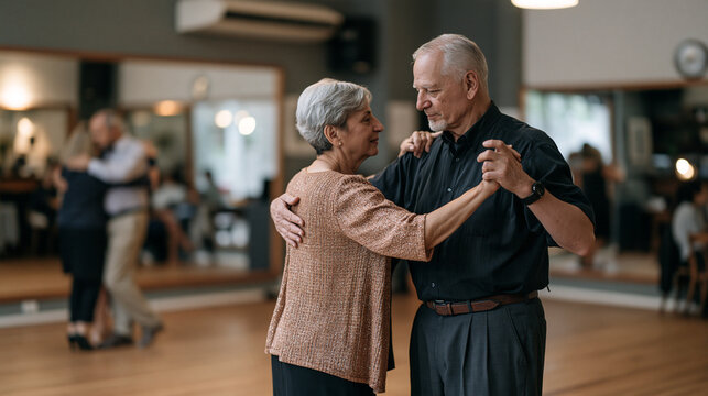 Argentinian tango instructor guiding a middle-aged couple through frame posture in a polished milonga studio, mirrored walls reflecting their careful footwork, the physical